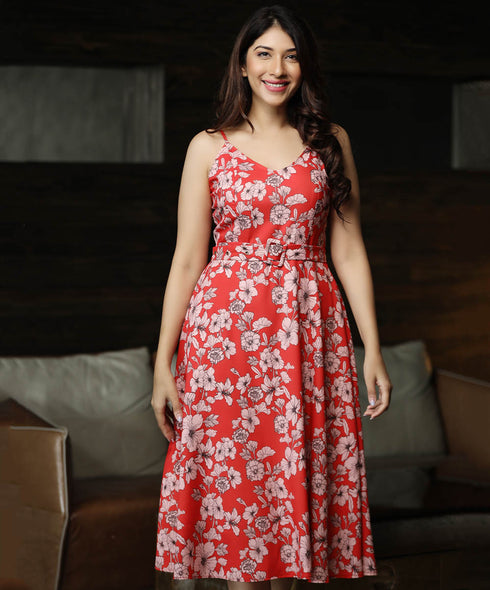 Vneck Floral Printed Ankle Length Dress